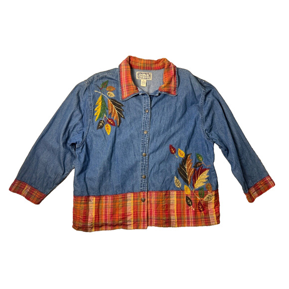 Denim Fall Embroidered Leaves Shirt Jacket Shacket Tantrum Blues 2X Orange Plaid - Picture 1 of 16